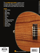 The image shows the back cover of "The Hal Leonard Ukulele Method," featuring a close-up of a wooden ukulele’s body, sound hole, bridge, and fretboard. The book, by ukulele expert Lil' Rev, is a beginner’s guide covering ukulele types, tuning, music reading, chords, strumming, scales, tremolo, notation, and songs from blues to folk, making it a comprehensive learning resource.