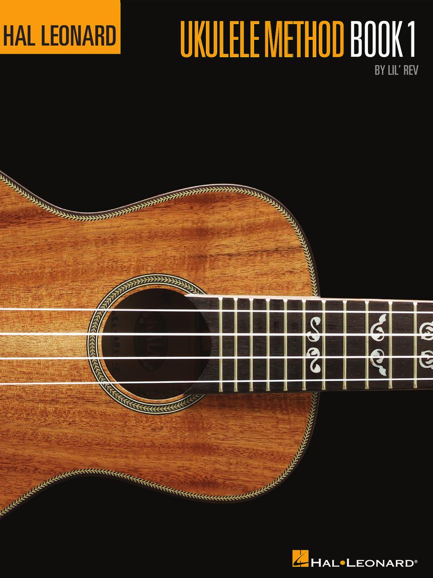 The image shows the cover of "Hal Leonard Ukulele Method Book 1" by Lil' Rev. It features a close-up of a wooden ukulele with decorative rope binding, an ornate sound hole rosette, part of the fretboard with fret markers, and four strings. Musical notation symbols appear over the fretboard. The background is black with orange-yellow text, displaying the Hal Leonard logo at the top and bottom. This is an instructional book for beginning ukulele players.