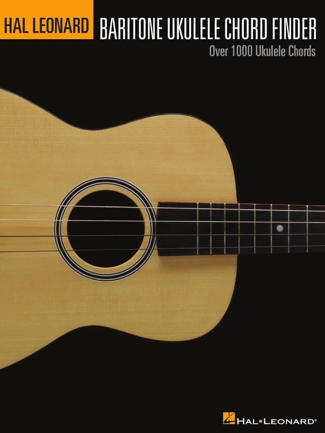 The image shows the cover of a Hal Leonard instructional book titled "Baritone Ukulele Chord Finder." It features a close-up of a natural wood baritone ukulele against a black background. The cover highlights "Over 1000 Ukulele Chords" with a clear, professional design showcasing the ukulele’s body, sound hole, neck, and fretboard.