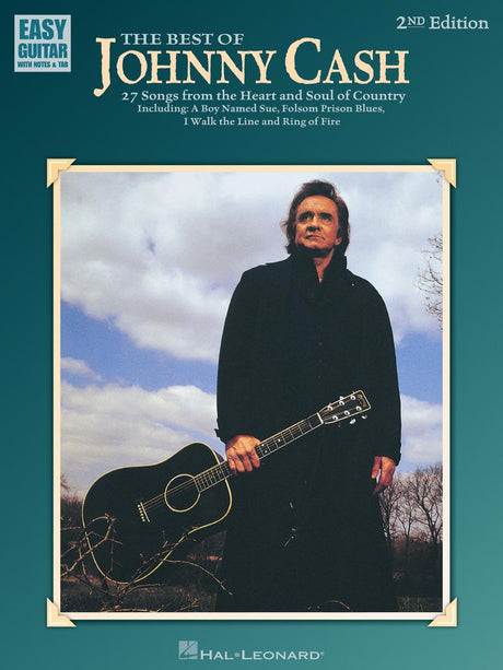 The image shows the cover of "The Best of Johnny Cash" (2nd Edition) guitar songbook published by Hal Leonard. Part of the "Easy Guitar with Notes & Tab" series, it features 27 beginner to intermediate songs, including hits like "A Boy Named Sue," "Folsom Prison Blues," and "Ring of Fire." The cover depicts Johnny Cash in his signature black outfit holding a black acoustic guitar against a moody sky with bare trees.