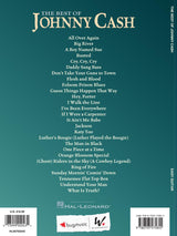 The image shows the back cover of a guitar songbook titled "The Best of Johnny Cash," published by Hal Leonard. It features 25 popular songs with easy guitar arrangements for beginners and intermediates. Included are hits like "Ring of Fire" and "I Walk the Line." The cover displays publisher logos, pricing ($16.99), and an ISBN barcode, indicating it’s a retail music product designed for guitar players.