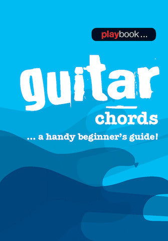 The image shows the cover of a guitar instruction book titled "Guitar Chords - a handy beginner's guide!" by Playbook. It features a bright blue gradient background with white title text and a dark blue silhouette of an acoustic guitar body at the bottom. The cover suggests it is an educational resource for beginner guitar players, part of Playbook’s series of instructional music materials.