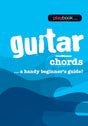 The image shows the cover of a guitar instruction book titled "Guitar Chords - a handy beginner's guide!" by Playbook. It features a bright blue gradient background with white title text and a dark blue silhouette of an acoustic guitar body at the bottom. The cover suggests it is an educational resource for beginner guitar players, part of Playbook’s series of instructional music materials.
