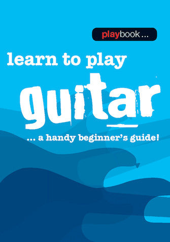 The image shows a guitar instruction book titled "Learn to Play Guitar" with the subtitle "A Handy Beginner's Guide!" The cover features a bright blue background, white text, and a stylized silhouette of an acoustic guitar at the bottom. This beginner-friendly, modern design suggests it is a contemporary educational resource for learning guitar fundamentals.