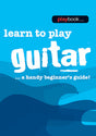 The image shows a guitar instruction book titled "Learn to Play Guitar" with the subtitle "A Handy Beginner's Guide!" The cover features a bright blue background, white text, and a stylized silhouette of an acoustic guitar at the bottom. This beginner-friendly, modern design suggests it is a contemporary educational resource for learning guitar fundamentals.