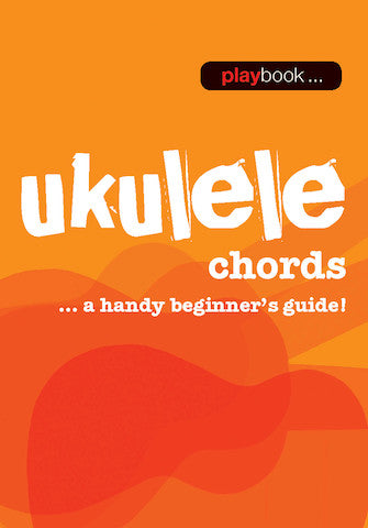 The image shows a music instruction book cover titled "ukulele chords" with the subtitle "...a handy beginner's guide!" The background features a bright orange to red gradient with stylized white text. A "playbook..." logo appears in the upper right corner. The lower portion includes a silhouette of a ukulele. This book is an educational resource aimed at beginner ukulele players learning chords and techniques.