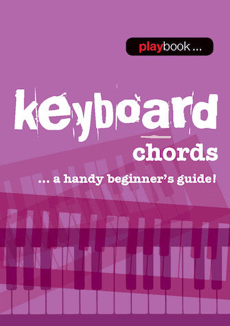 The image shows a music instruction book titled "keyboard chords" with a purple/magenta gradient cover. It features large white text, the subtitle "...a handy beginner's guide!", a "playbook" logo in the top right, and a stylized piano keys graphic along the bottom. This beginner-focused guide is designed to help new keyboard players learn chords and fingerings.