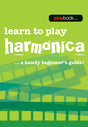 The image shows the cover of a beginner’s harmonica instructional book titled "Learn to Play Harmonica," labeled as "a handy beginner's guide!" It has a bright green background with wave patterns and a "playbook" series logo in the top right corner. The book likely includes basic techniques, simple songs, and fundamental music theory for learning harmonica.