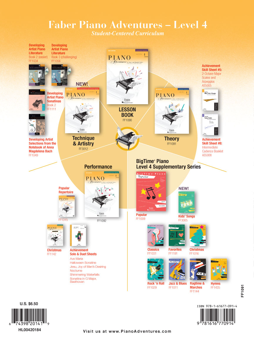 The image shows a catalog page for Faber Piano Adventures Level 4, featuring the core curriculum—Lesson, Theory, Technique & Artistry, and Performance Books—arranged centrally. Surrounding these are supplementary materials like Achievement Skill Sheets, Popular Repertoire, Holiday collections, genre-specific books, and BigTime Piano supplements. The layout highlights a complete, student-centered piano curriculum with product codes, pricing, and ISBN details.