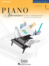 The image shows the cover of "Piano Adventures Theory Book Level 4" (2nd Edition) by Nancy and Randall Faber, part of The Basic Piano Method series. It features a grand piano with wings and colorful musical notes above it on an orange gradient background. The book is an intermediate-level music theory workbook published by Faber Piano Adventures and distributed by Hal Leonard.