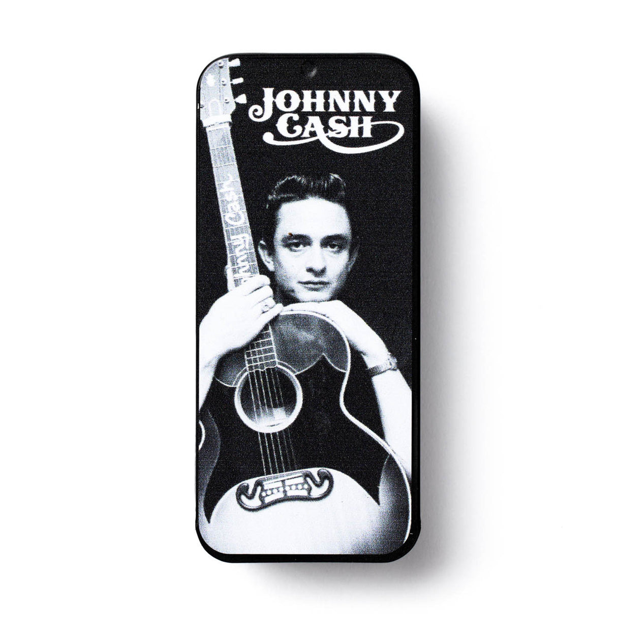 Johnny Cash pick tin case on a white background