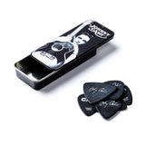 Set of Johnny Cash guitar picks with a tin case on a white background