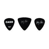 Three black guitar picks with 'CASH' branding on a white background