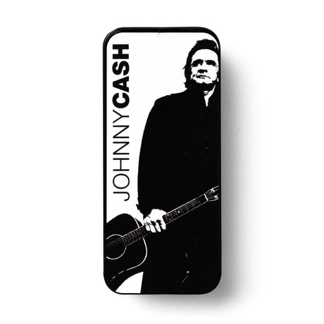 Johnny Cash pick tin on a white background