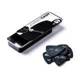 Set of Johnny Cash branded guitar picks with a metal case on a white background