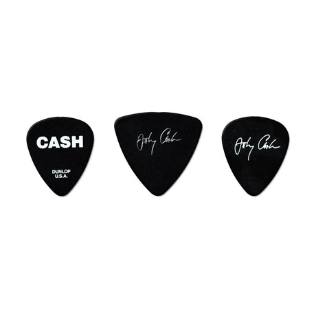 Three black guitar picks with 'CASH' branding on a white background