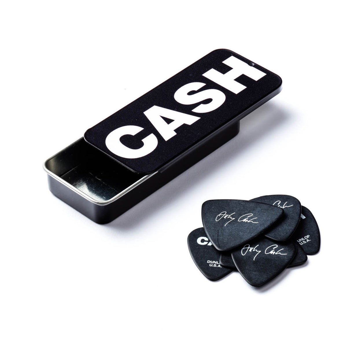 Black guitar pick case with 'CASH' text and multiple picks on a white background