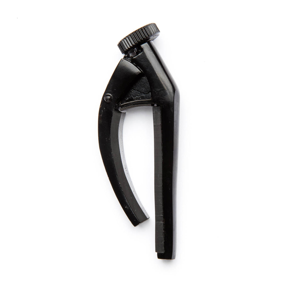 Black guitar capo on a white background