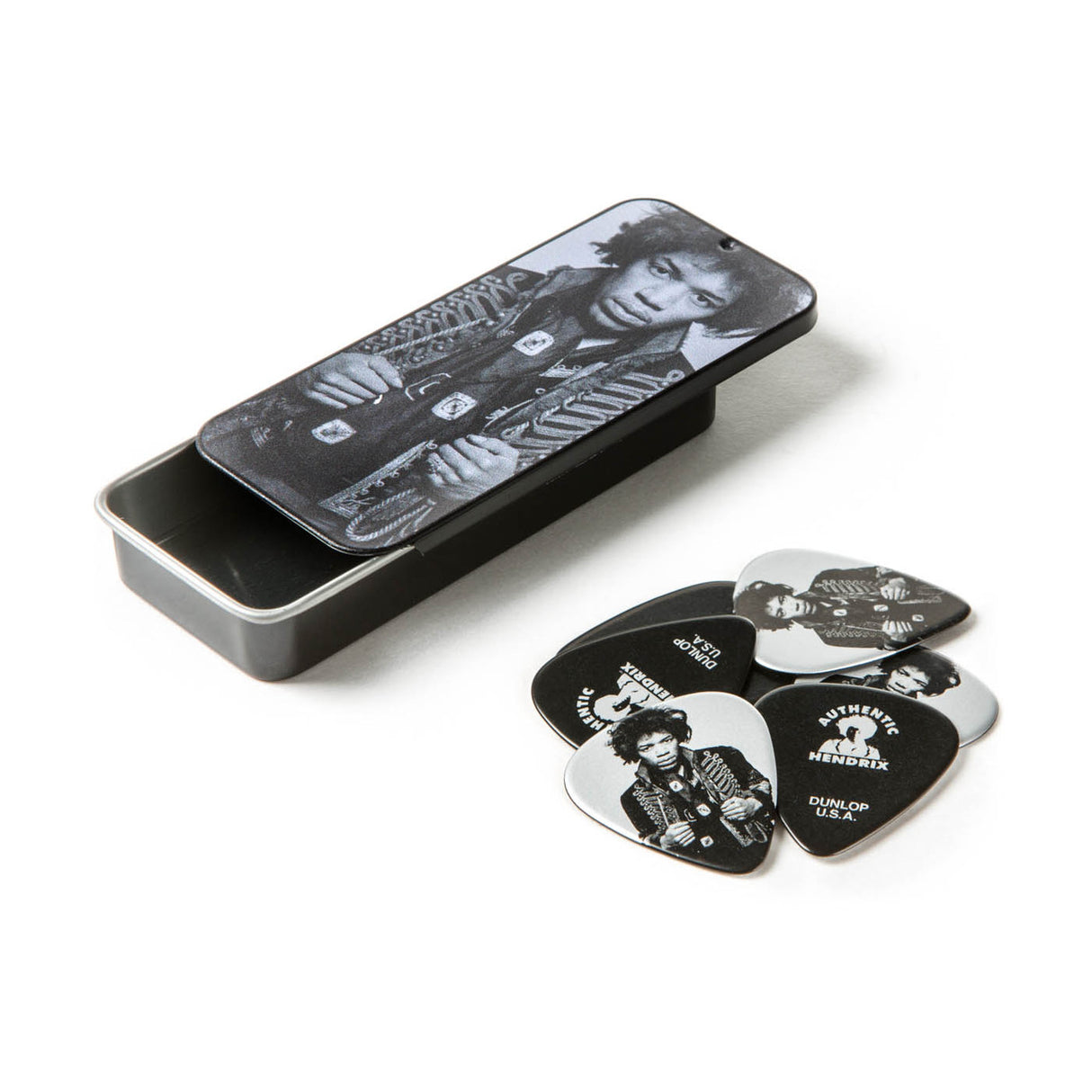 Jimi Hendrix guitar pick set with a metal case on a white background