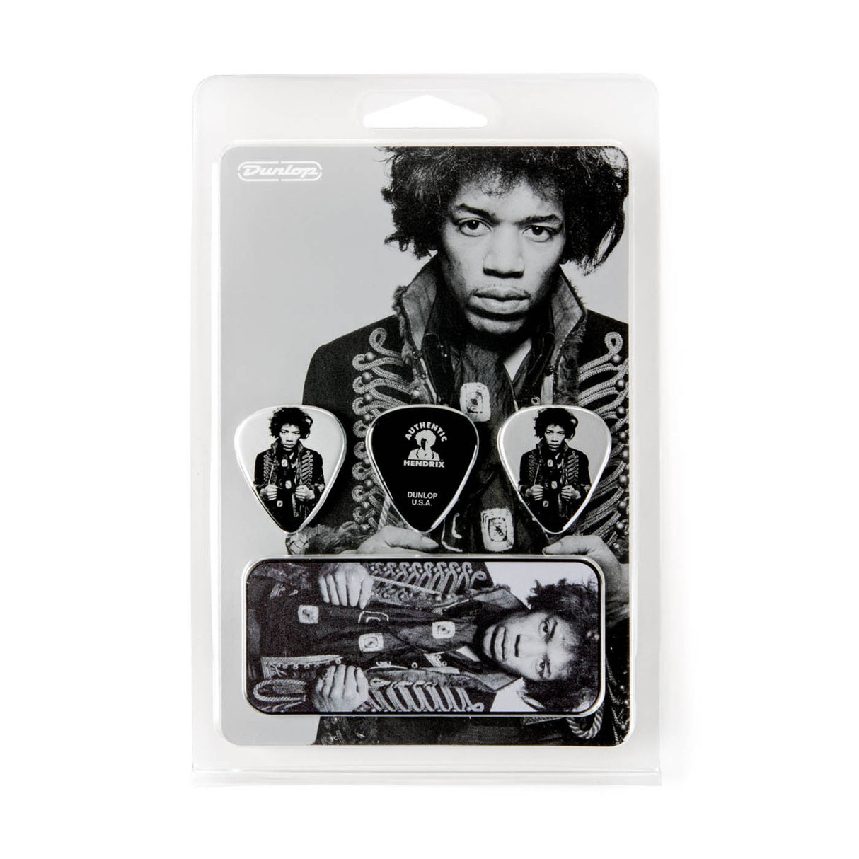 Packaged guitar pick set with black and white images of Jimi Hendrix on a white background