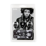 Packaged guitar pick set with black and white images of Jimi Hendrix on a white background