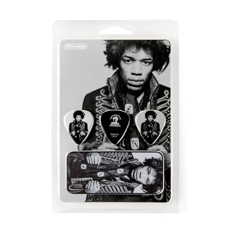 Packaged guitar pick set with black and white images of Jimi Hendrix on a white background