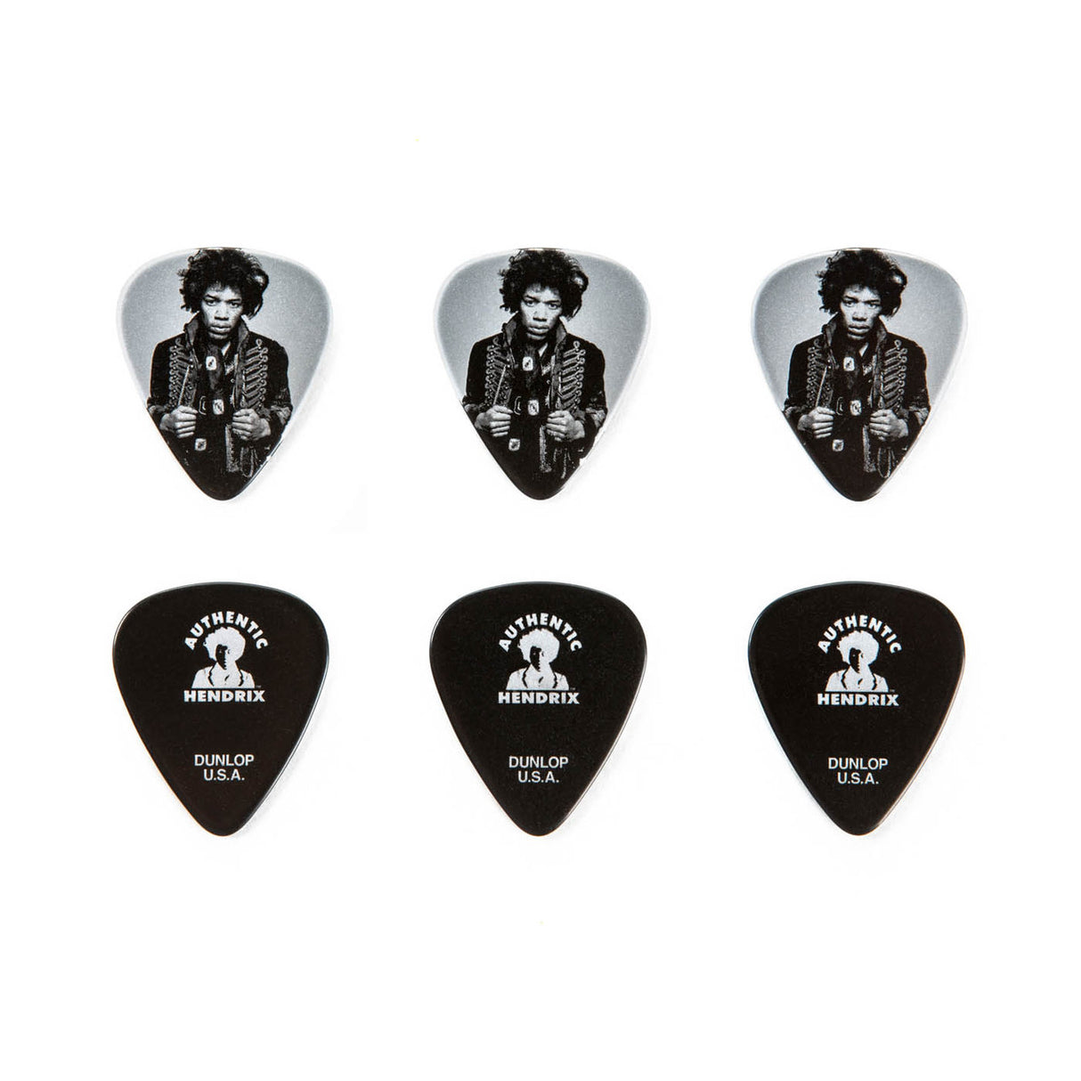 Set of guitar picks with Jimi Hendrix design on a white background