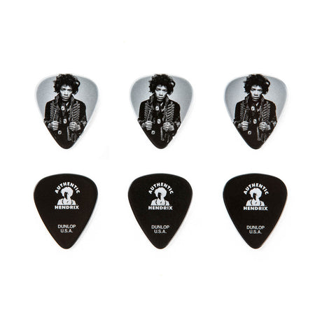 Set of guitar picks with Jimi Hendrix design on a white background