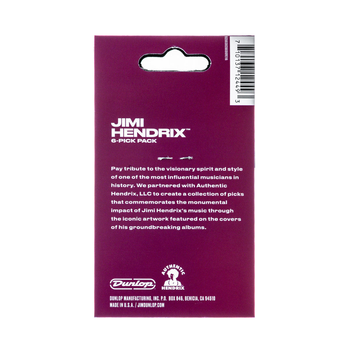 Jimi Hendrix pick pack with pack details on the back on a white background