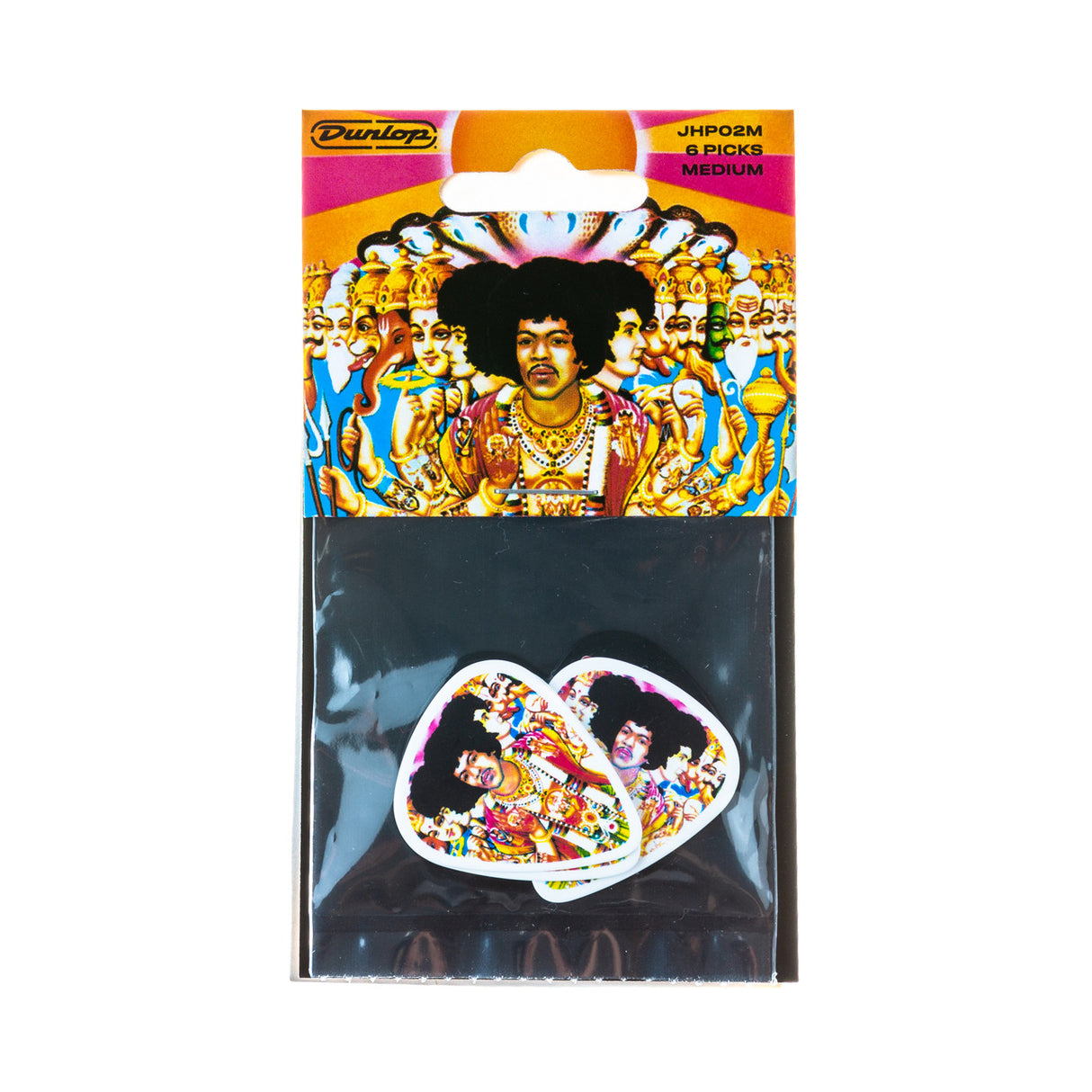 Packaged Dunlop Jimi Hendrix guitar picks with colorful design on a white background