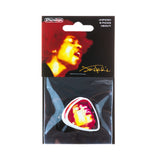 Pack of Dunlop guitar picks with a portrait of Jimi Hendrix on the packaging