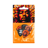 Pack of Dunlop guitar picks with a colorful design featuring a the face of Jimi Hendrix on an orange background.