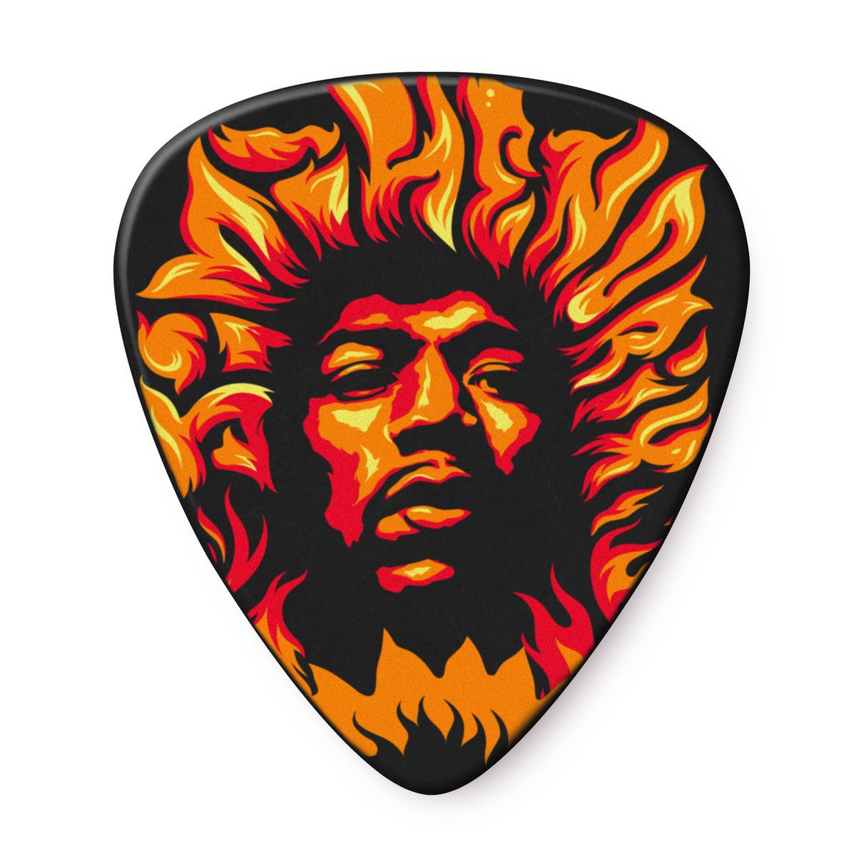 Guitar pick with a fiery Jimi Hendrix design on a black background