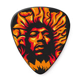 Guitar pick with a fiery Jimi Hendrix design on a black background
