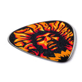 Guitar pick with a Jimi Hendrix flame design on a white background
