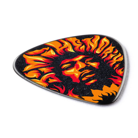 Guitar pick with a Jimi Hendrix flame design on a white background