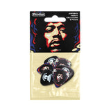 Pack of Dunlop guitar picks with a portrait of Jimi Hendrix on the packaging