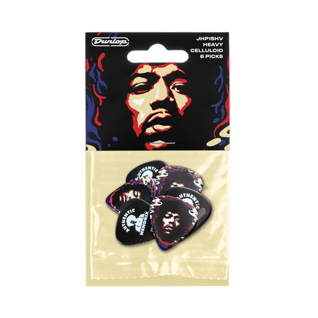 Pack of Dunlop guitar picks with a portrait of Jimi Hendrix on the packaging