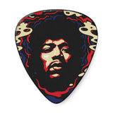 Guitar pick with a colorful Jimi Hendrix portrait design on a white background