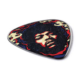 Guitar pick with a colorful Jimi Hendrix design on a white background