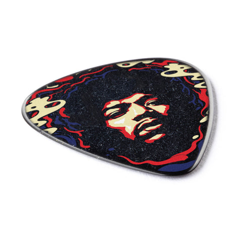 Guitar pick with a colorful Jimi Hendrix design on a white background