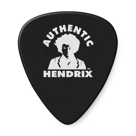 Black guitar pick with white graphic and text 'Authentic Hendrix' on a white background