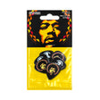 Pack of Dunlop guitar picks with a Jimi Hendrix portrait design on a yellow background