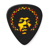 Guitar pick with a stylized portrait of Jimi Hendrix on a black background