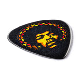 Guitar pick with a colorful Jimi Hendrix design on a white background