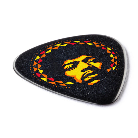 Guitar pick with a colorful Jimi Hendrix design on a white background