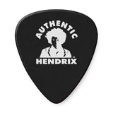 Black guitar pick with white graphic and text 'Authentic Hendrix' on a white background