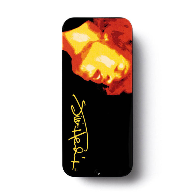 Jimi Hendrix pick tin on a white background