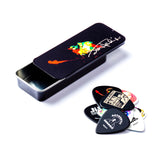 Black Jimi Hendrix pick tin and assortment of picks on a white background