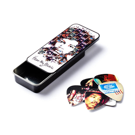 Jimi Hendrix 'Hear My Music' pick tin and pick assortment on a white background